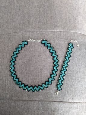 Turquoise and Black Zigzag Beaded Necklace and Bracelet Set - Women Jewelry